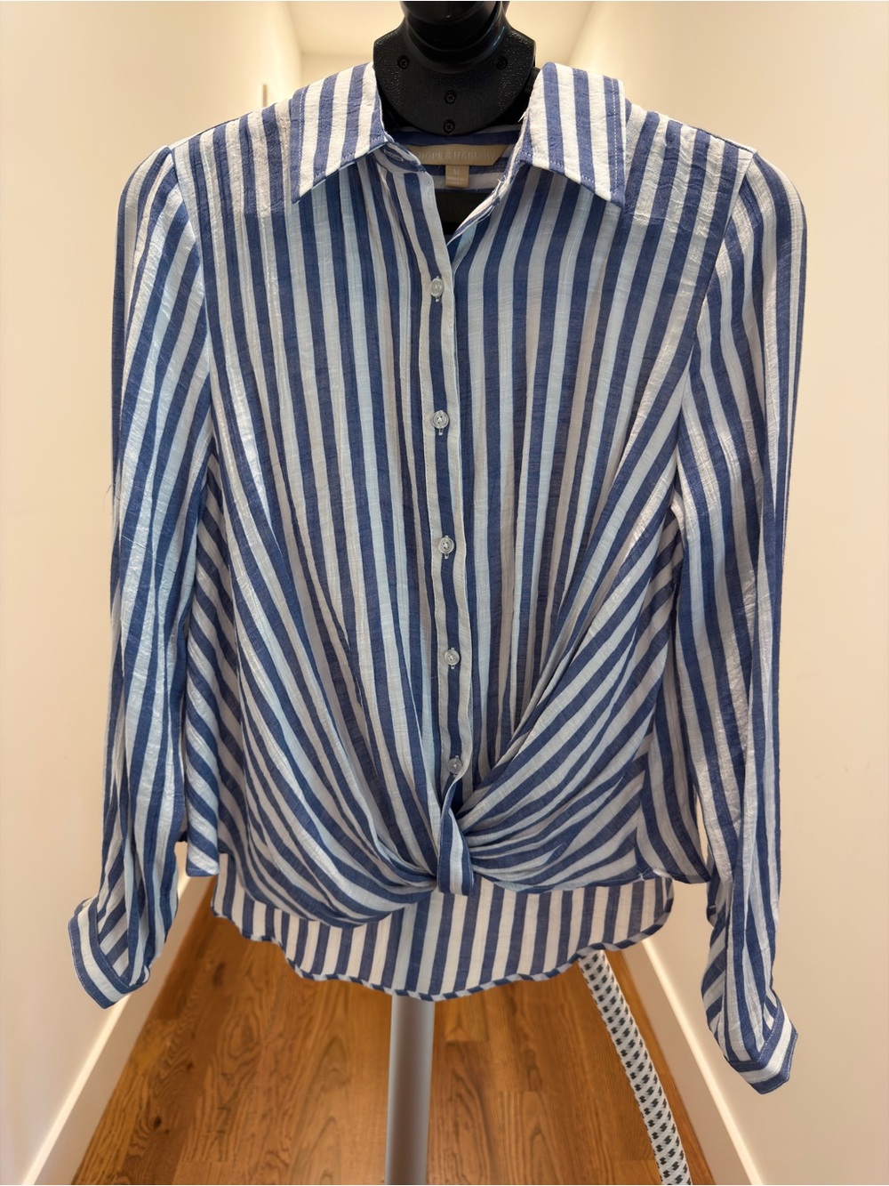 Hope & Harlow Striped Button-Front Twist Hem Shirt - Blue/White